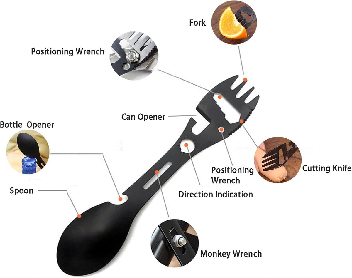 Stainless Steel Spoon and Fork - 10-in-1 Multitool - Works as a combination spoon, fork, knife, bottle opener and wrench - Ideal for picnics, travel, backpacking, hiking and fishing - Black
