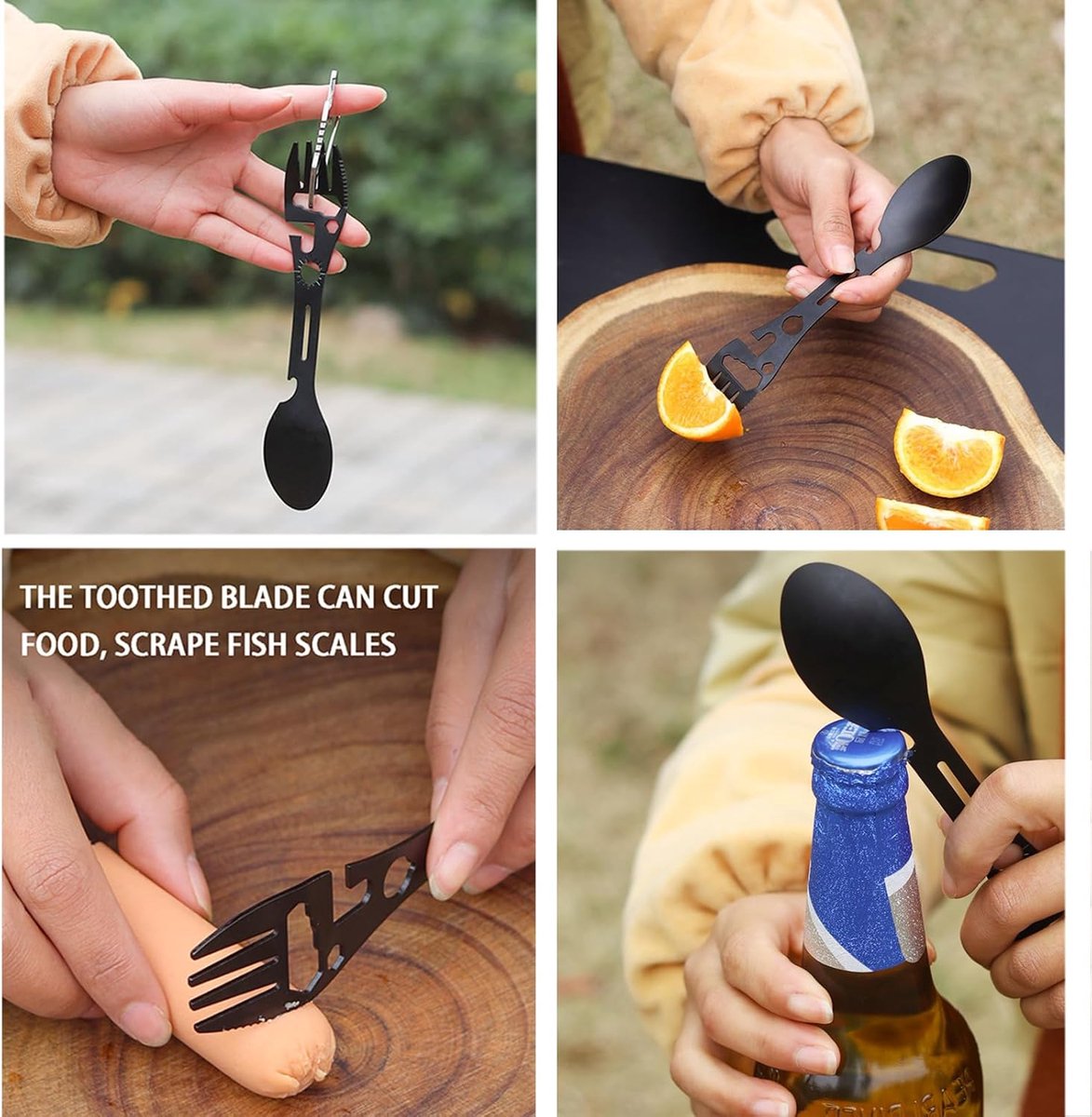 Stainless Steel Spoon and Fork - 10-in-1 Multitool - Works as a combination spoon, fork, knife, bottle opener and wrench - Ideal for picnics, travel, backpacking, hiking and fishing - Black