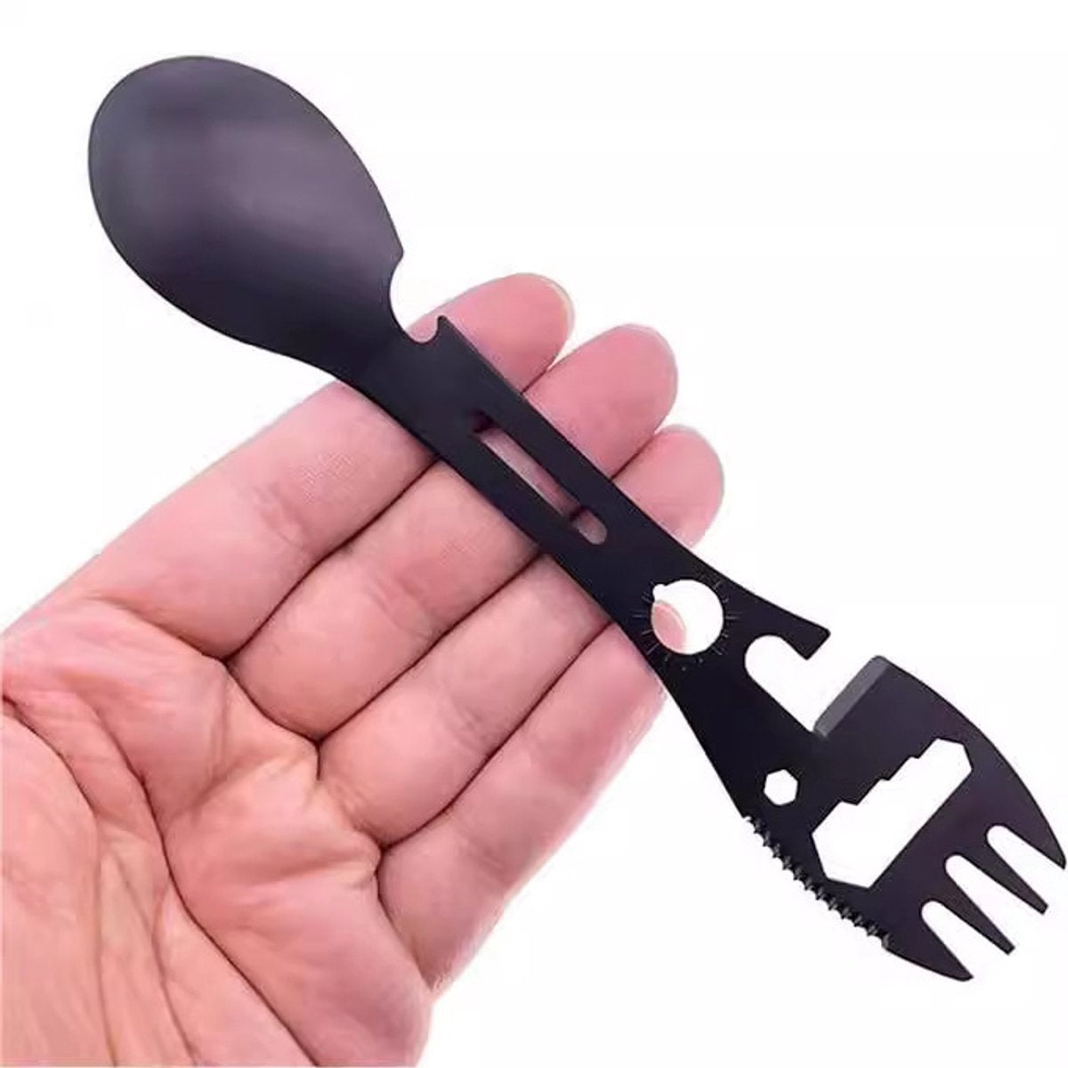 Stainless Steel Spoon and Fork - 10-in-1 Multitool - Works as a combination spoon, fork, knife, bottle opener and wrench - Ideal for picnics, travel, backpacking, hiking and fishing - Black