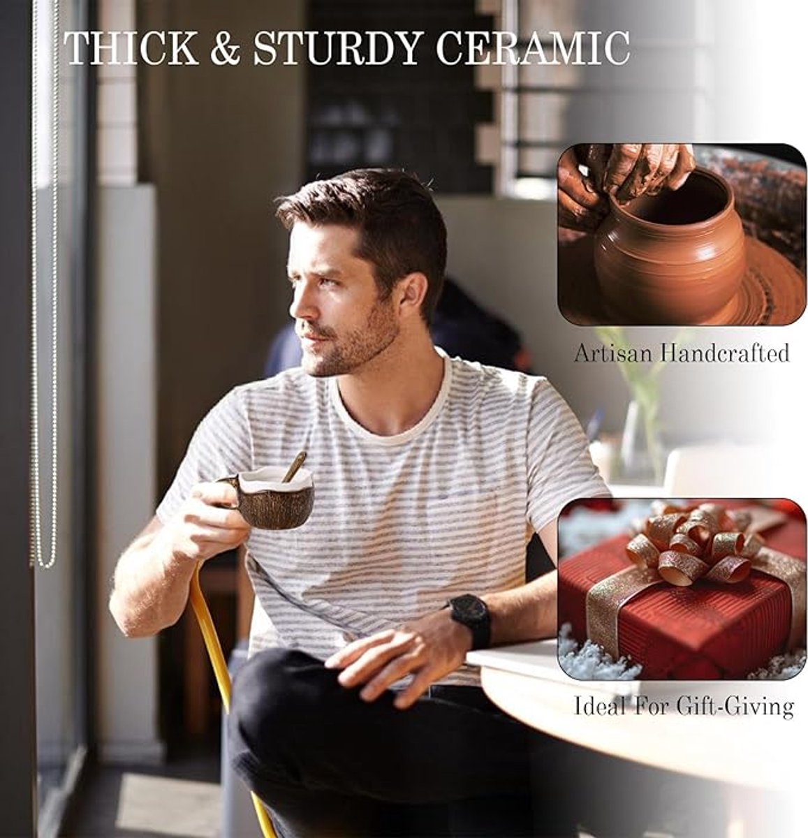 Drinking Cup - With spoon - Ceramic mug - Shape of coconut - Capacity 10oz - Suitable for tea, oatmeal, hot chocolate, etc. - Nice gift mug for home and office