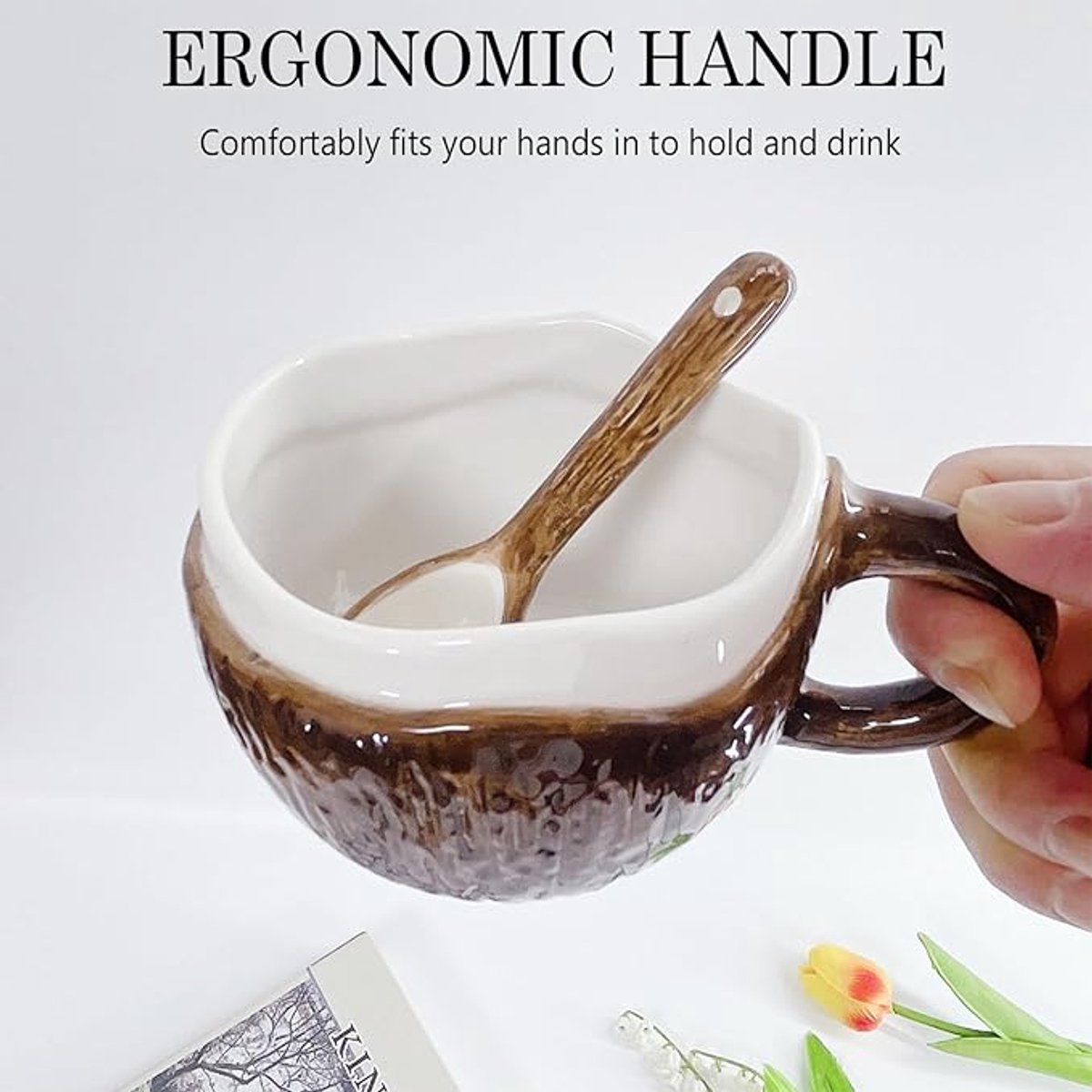 Drinking Cup - With spoon - Ceramic mug - Shape of coconut - Capacity 10oz - Suitable for tea, oatmeal, hot chocolate, etc. - Nice gift mug for home and office