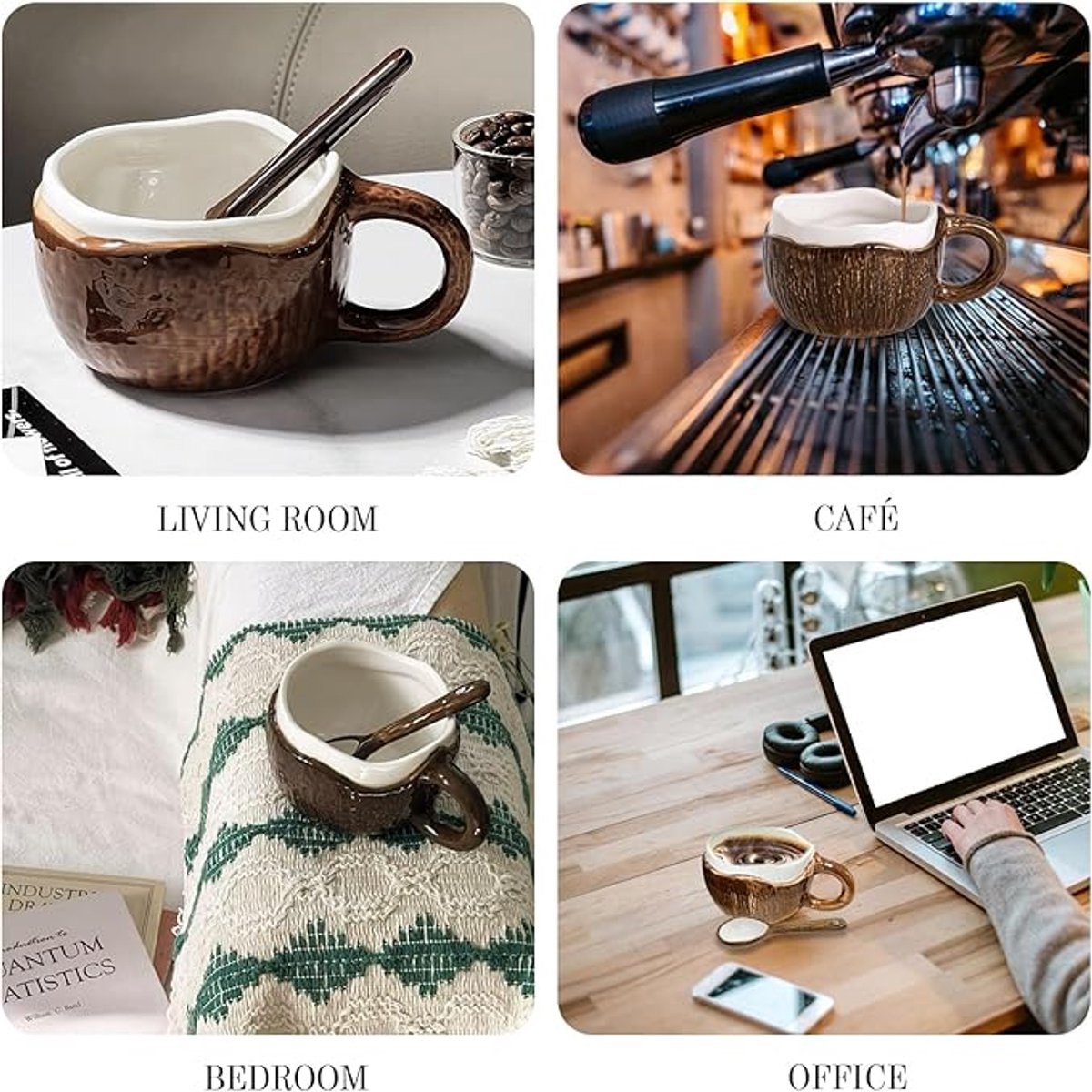 Drinking Cup - With spoon - Ceramic mug - Shape of coconut - Capacity 10oz - Suitable for tea, oatmeal, hot chocolate, etc. - Nice gift mug for home and office