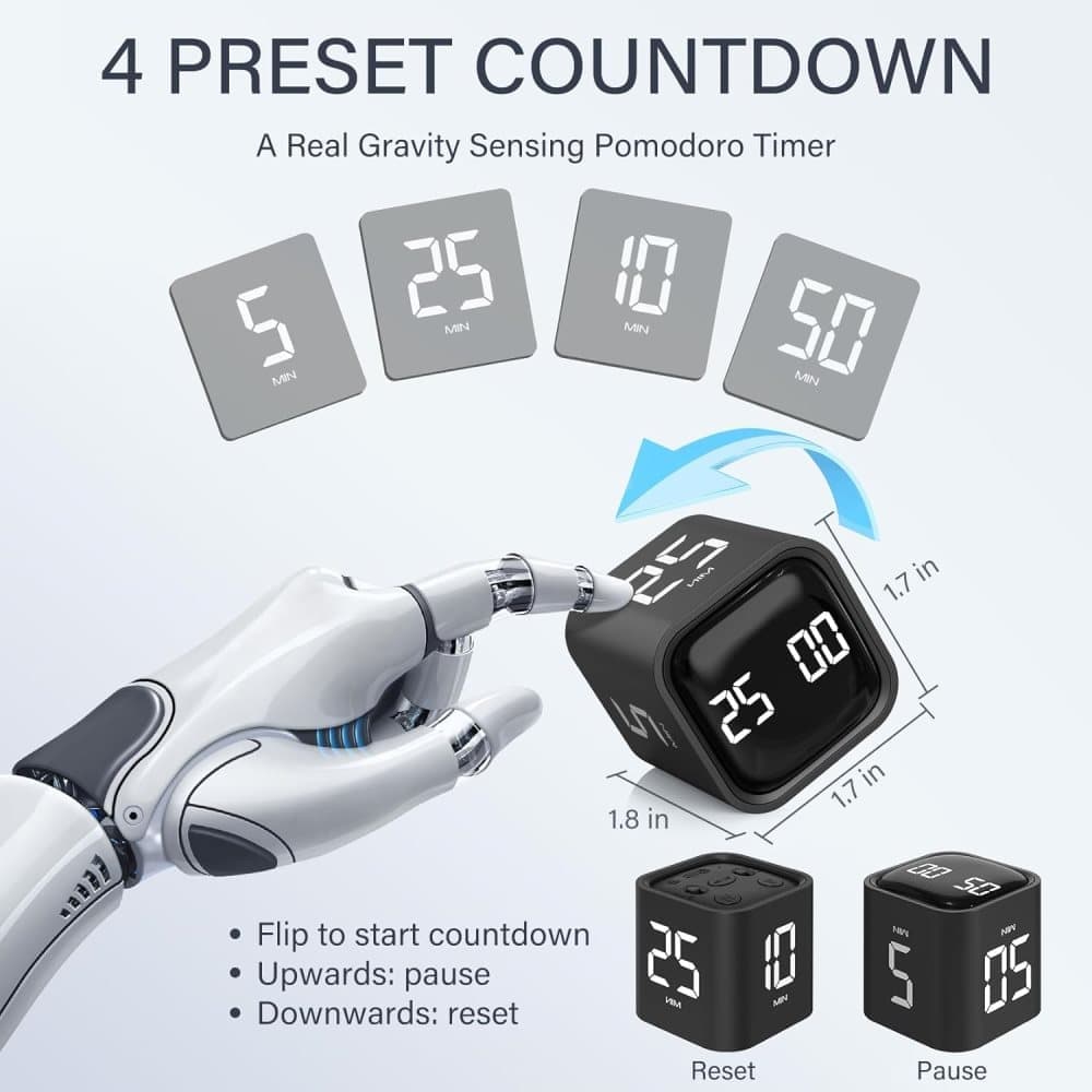 Pomodoro Timer 25/5/10 Min Desk Timer Vibration Volume Adjustable Productivity Clock