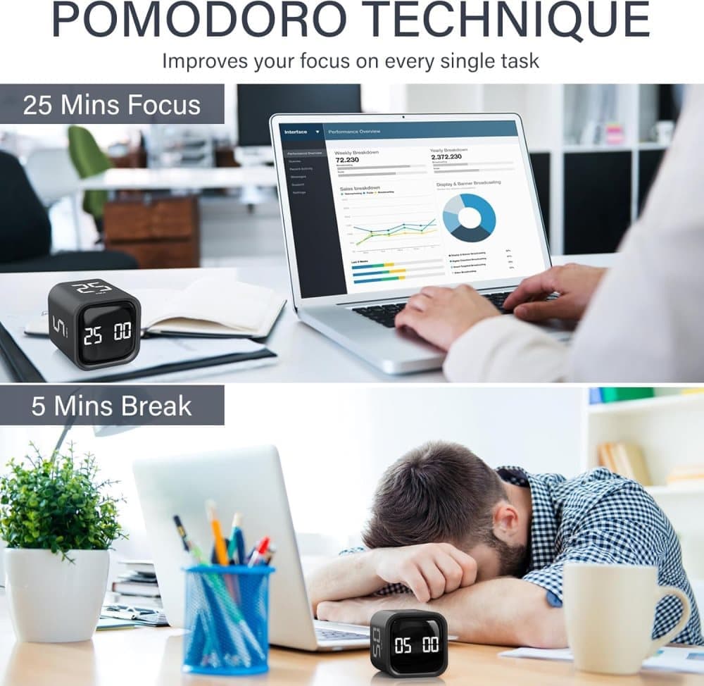 Pomodoro Timer 25/5/10 Min Desk Timer Vibration Volume Adjustable Productivity Clock