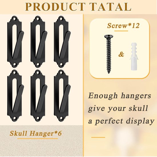 6-Piece Skull Wall Hook Set - Black Steel Hook for Decoration - Includes Mounting Kit