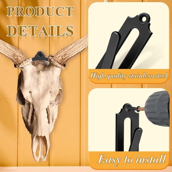 6-Piece Skull Wall Hook Set - Black Steel Hook for Decoration - Includes Mounting Kit