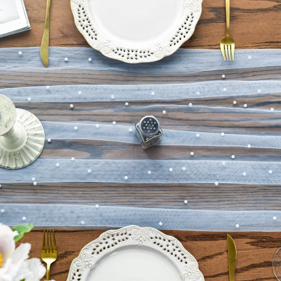 Light Blue Table Veil with White Pearls - Silky Gauze 30x120 Inches - For Weddings, Parties & Table Decorations