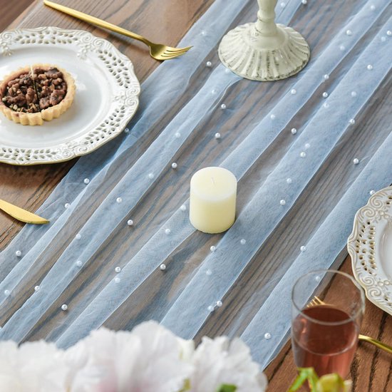 Light Blue Table Veil with White Pearls - Silky Gauze 30x120 Inches - For Weddings, Parties & Table Decorations