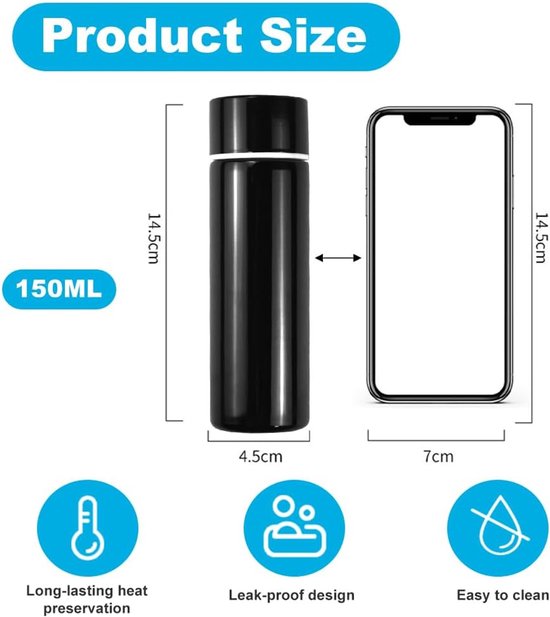 Miniature Thermos Flask 150ml - Mini Stainless Steel Thermos Flask - Sealed Travel Flask - Portable Coffee Mug - Mini Hot Water Bottle - Thermos Flask for Ice Cold Drinks - Black