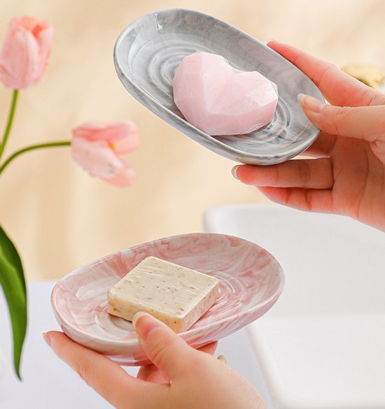 Soap Dish - Ceramic Soap Dish - Non-slip Marble Soap Dish - Bathroom Soap Holder - Suitable for Bathroom, Shower, Kitchen, and Travel - Pink