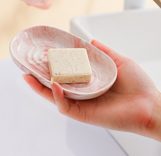 Soap Dish - Ceramic Soap Dish - Non-slip Marble Soap Dish - Bathroom Soap Holder - Suitable for Bathroom, Shower, Kitchen, and Travel - Pink