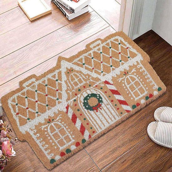 Doormat - Christmas doormat - Non-slip mat - Decorative non-slip mat in the shape of a gingerbread house - Decoration - Festive entrance decoration - doormat - Suitable for festive outdoor and indoor porches, entrances, kitchens, and living rooms (L: 60cm