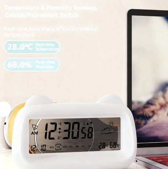 Alarm Clock - Digital Alarm Clock - Digital Clock - Smart Alarm Clock - Electronic Calendar - Cat-shaped Alarm Clock with Light - Real-time Temperature and Humidity Monitoring - Weather Display - Large Night Light Display Screen - USB Charging（Vegetable）