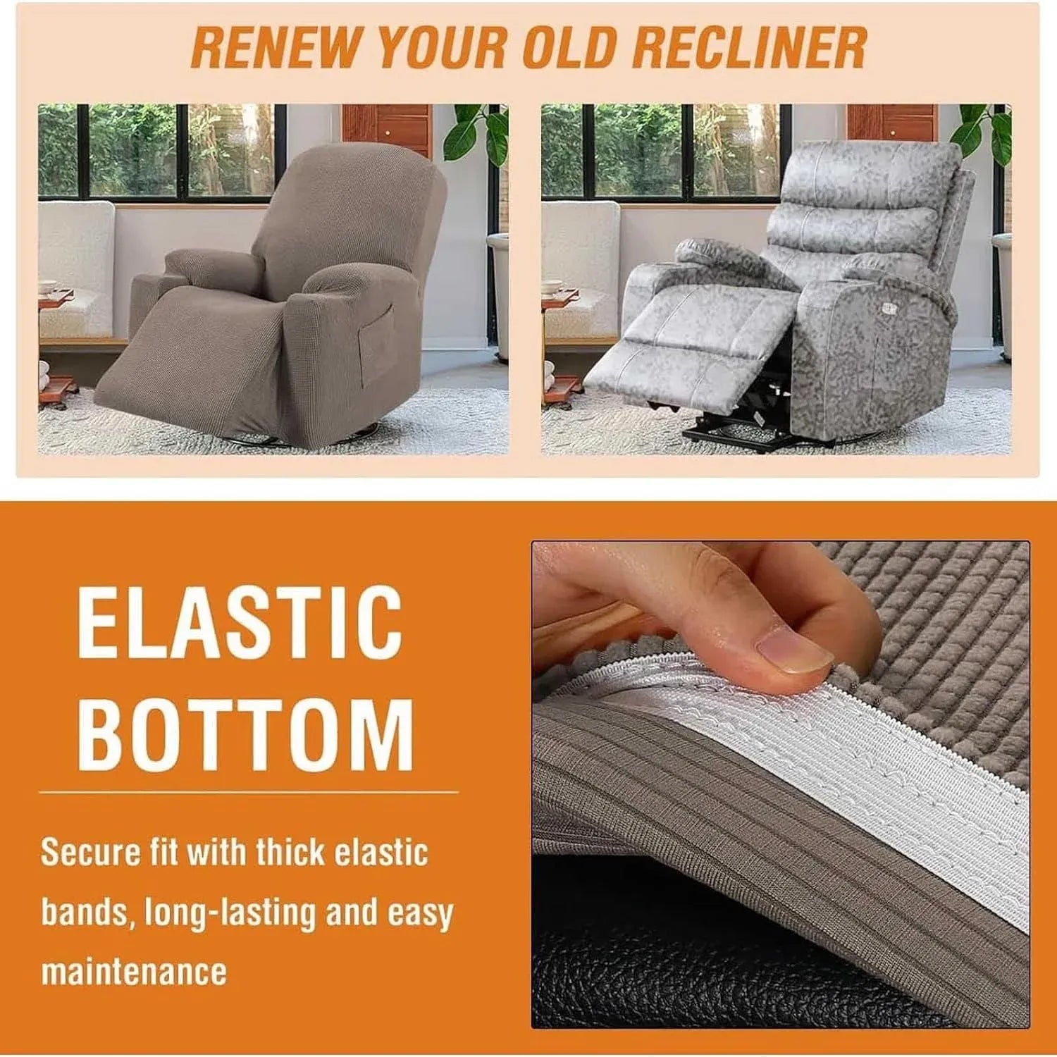 Power Lift Recliner Chair Cover High Stretch Soft Jacquard Slipcover with Side Pocket for Standard Recliners Gray, Letter G Option