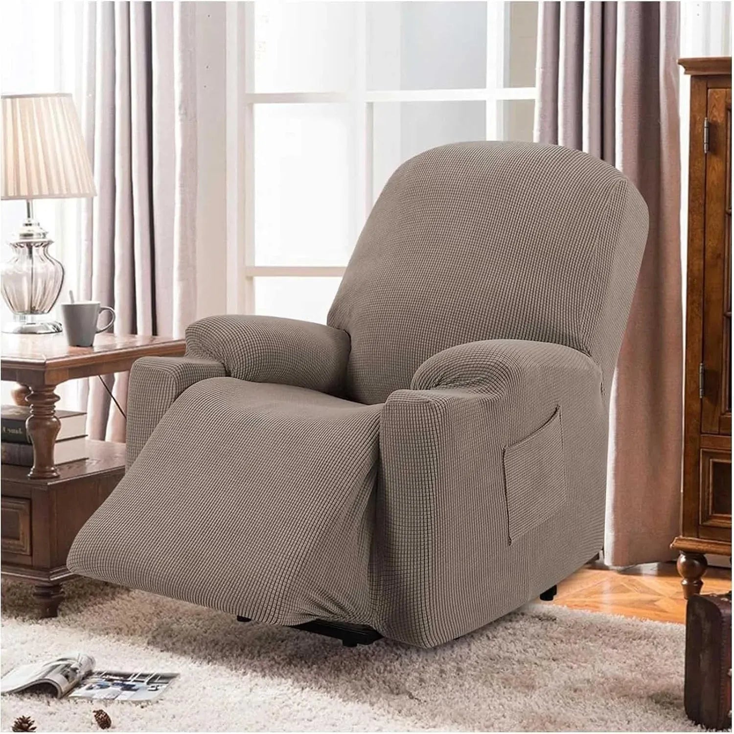 Power Lift Recliner Chair Cover High Stretch Soft Jacquard Slipcover with Side Pocket for Standard Recliners Gray, Letter G Option