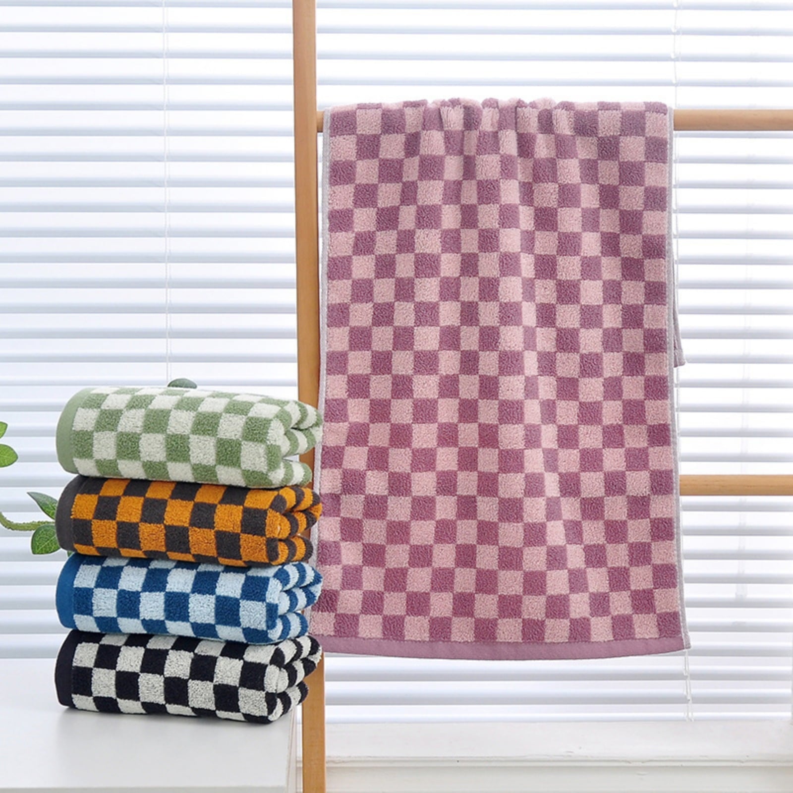 Checkered Bath Towels for Bathroom, Shower Towels 30" x 14", Super Soft and Quick Dry, Colorful Towel for Summer Beach Pool Green Orange