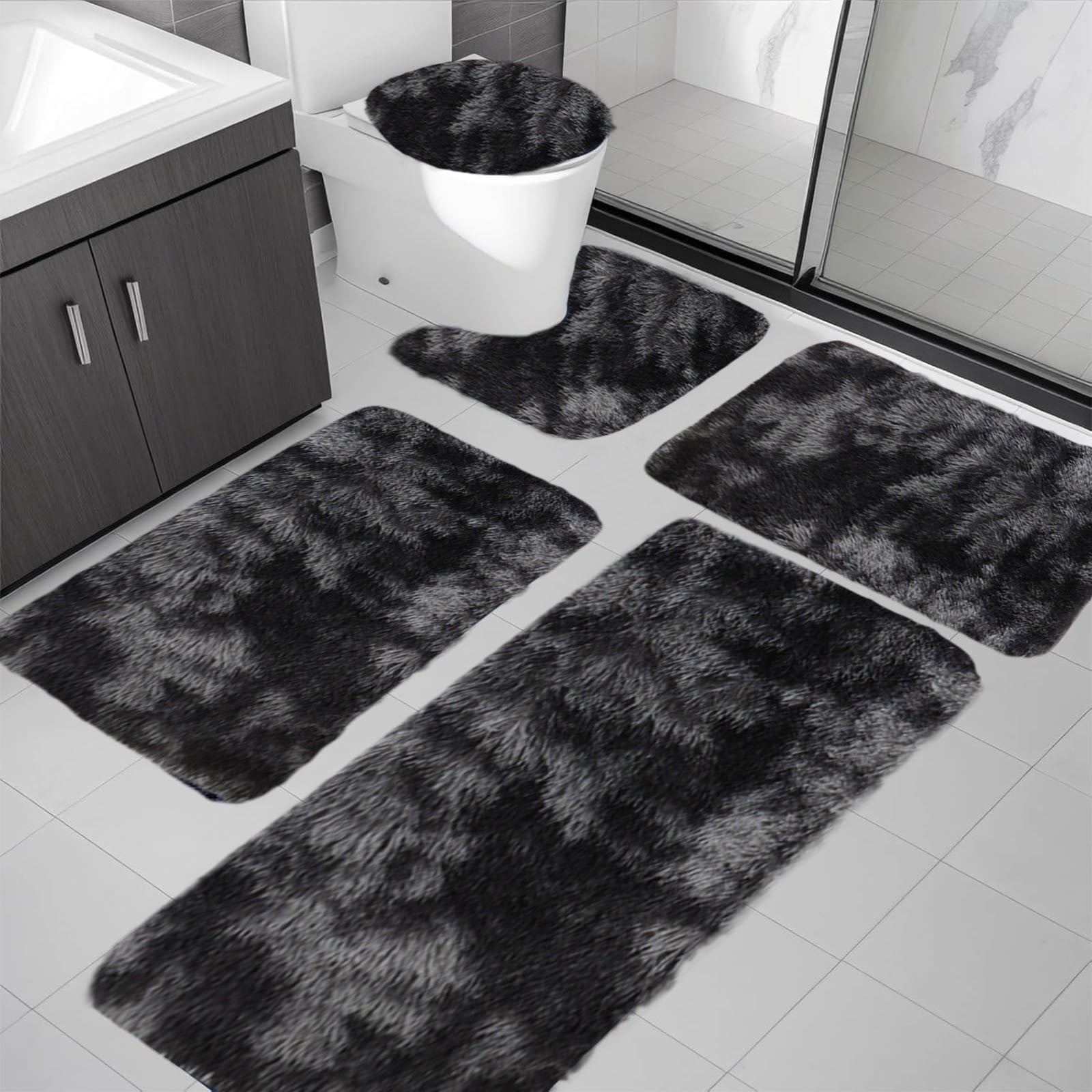 PALIFEUR Tie-Dye Bathroom Rugs Sets, Non-Slip Bath Mat Set 5 Piece, Soft Comfortable Washable Bathroom Mat Set, Quicker Dry Bathroom Rug with Toilet Rug Black
