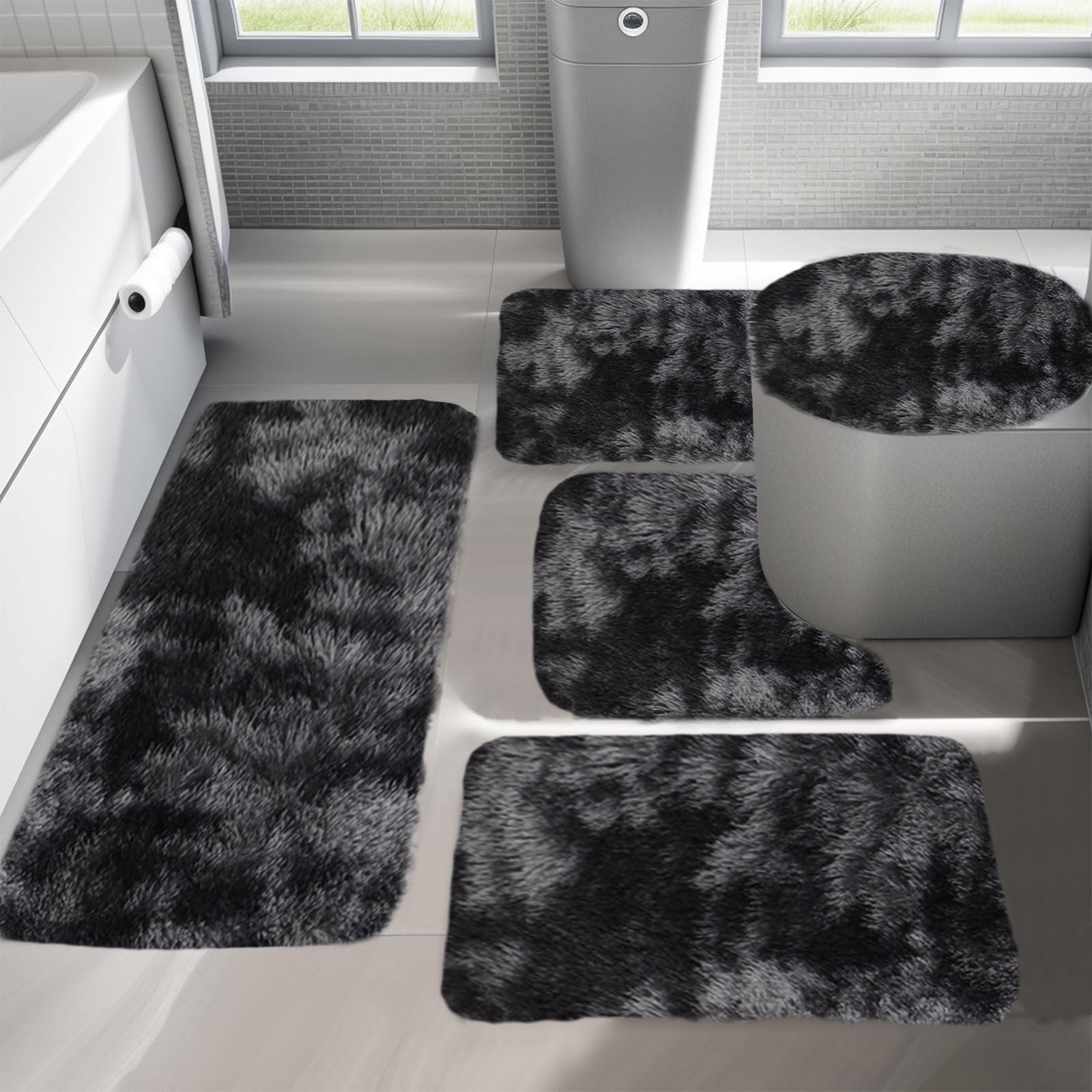PALIFEUR Tie-Dye Bathroom Rugs Sets, Non-Slip Bath Mat Set 5 Piece, Soft Comfortable Washable Bathroom Mat Set, Quicker Dry Bathroom Rug with Toilet Rug Black