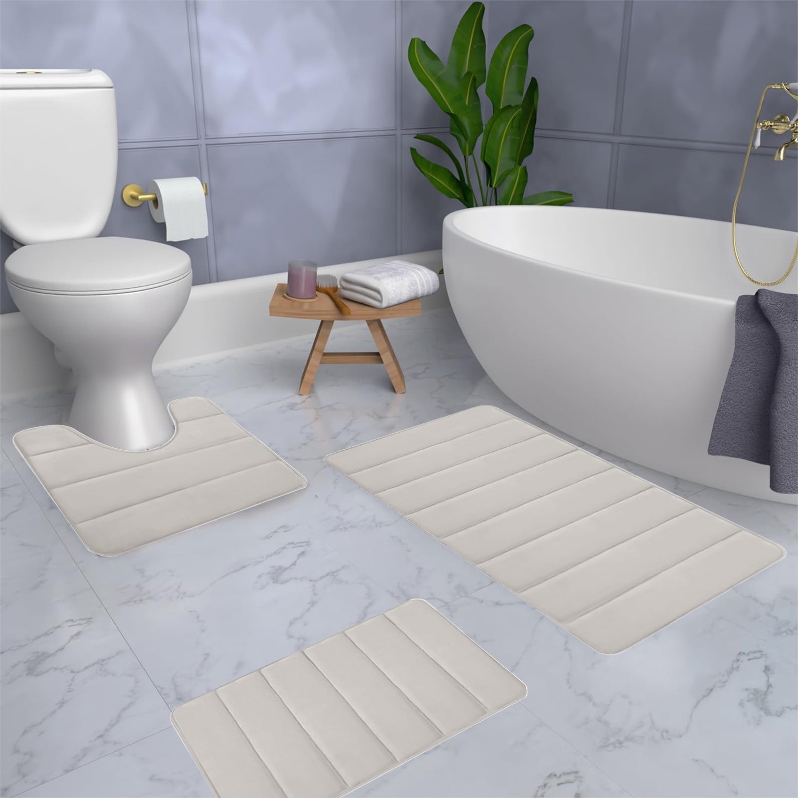 PALIFEUR Memory Foam Toilet Rug, Non-Slip Bathroom Rugs, Toilet Rugs U Shaped Washable, Commode Contour Rug, Soft Comfortable Super Water Absorption #3_Beige