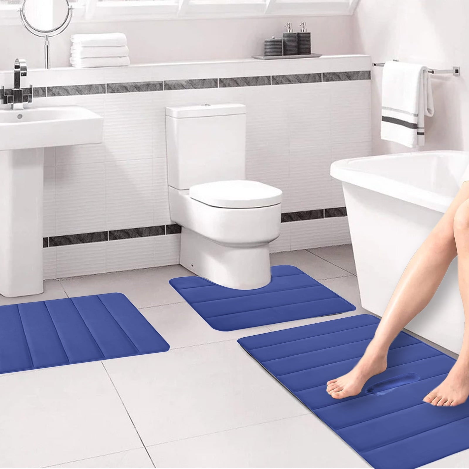 PALIFEUR Memory Foam Toilet Rug, Non-Slip Bathroom Rugs, Toilet Rugs U Shaped Washable, Commode Contour Rug, Soft Comfortable Super Water Absorption #3_Blue