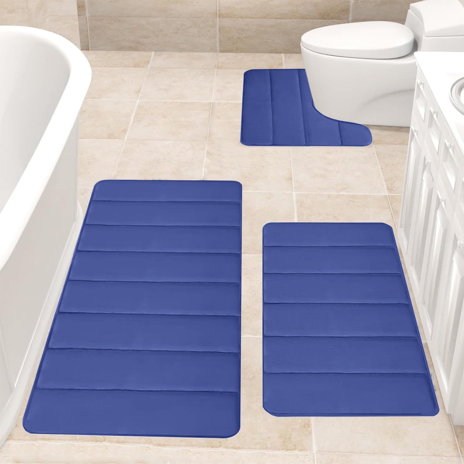 PALIFEUR Memory Foam Toilet Rug, Non-Slip Bathroom Rugs, Toilet Rugs U Shaped Washable, Commode Contour Rug, Soft Comfortable Super Water Absorption #3_Blue