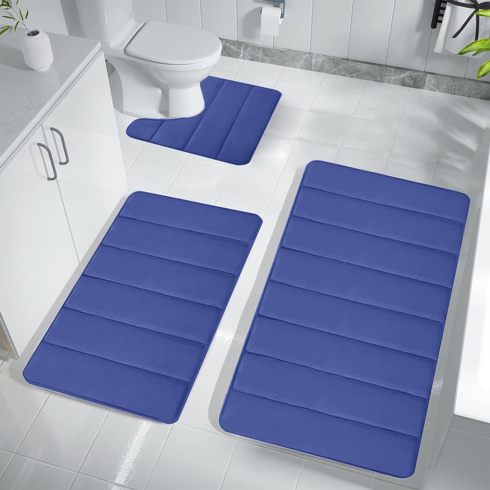 PALIFEUR Memory Foam Toilet Rug, Non-Slip Bathroom Rugs, Toilet Rugs U Shaped Washable, Commode Contour Rug, Soft Comfortable Super Water Absorption #3_Blue
