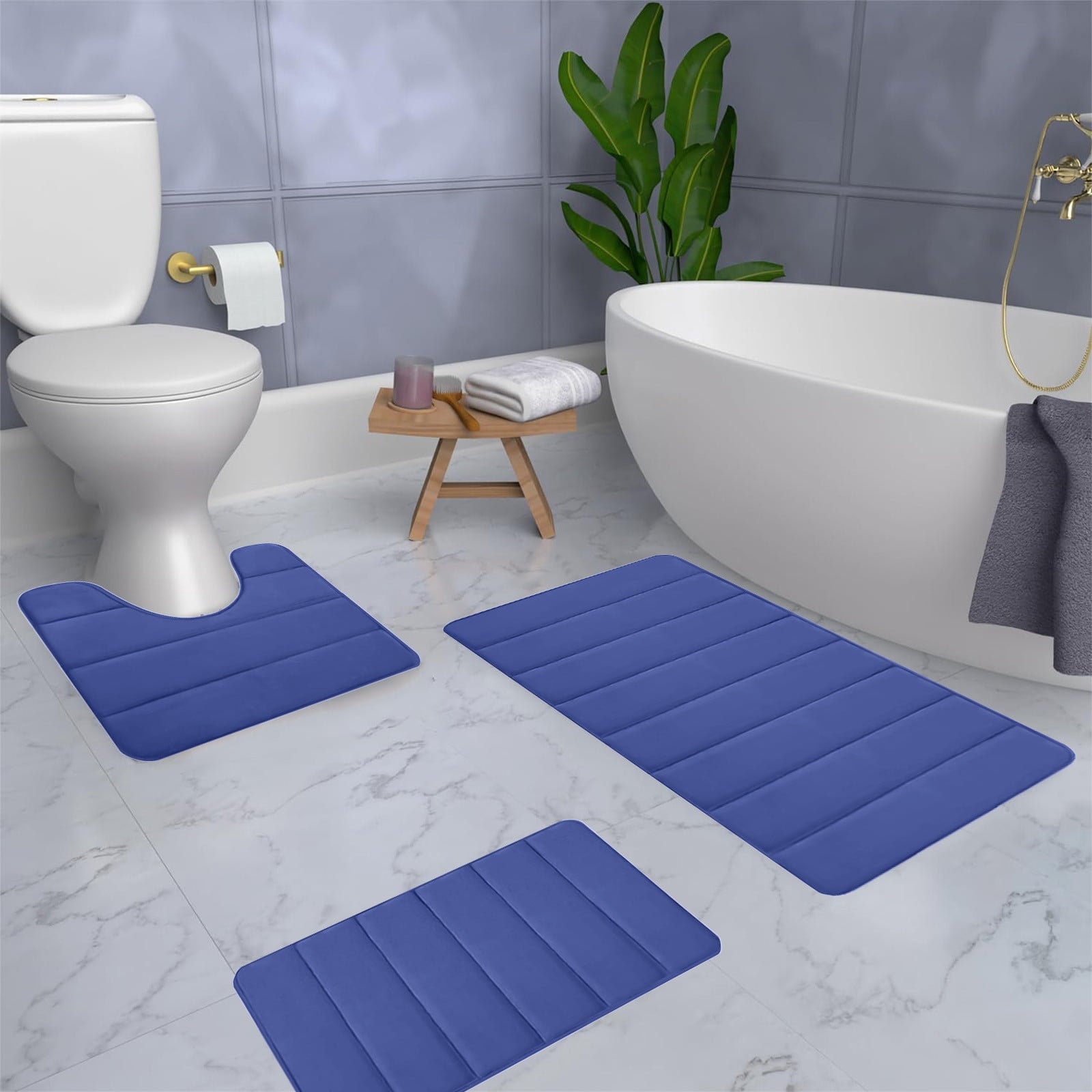 PALIFEUR Memory Foam Toilet Rug, Non-Slip Bathroom Rugs, Toilet Rugs U Shaped Washable, Commode Contour Rug, Soft Comfortable Super Water Absorption #3_Blue