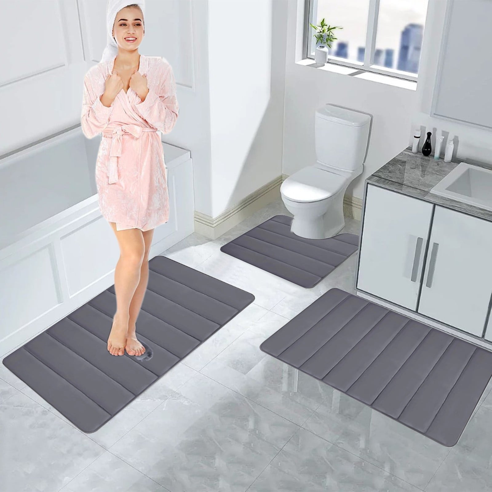 PALIFEUR Memory Foam Toilet Rug, Non-Slip Bathroom Rugs, Toilet Rugs U Shaped Washable, Commode Contour Rug, Soft Comfortable Super Water Absorption #3_Dark Gray