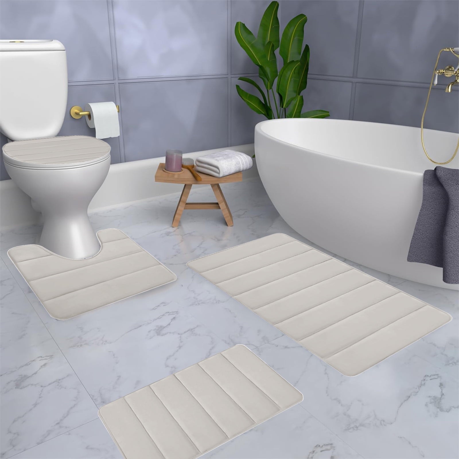 PALIFEUR Memory Foam Toilet Rug, Non-Slip Bathroom Rugs, Toilet Rugs U Shaped Washable, Commode Contour Rug, Soft Comfortable Super Water Absorption #4_Beige