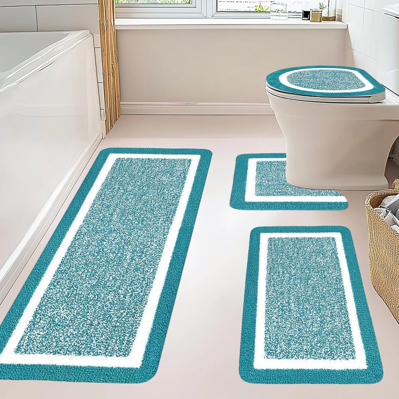 PALIFEUR Bathroom Rugs Sets, Non-Slip Bath Mat Set 4 Piece, Soft Comfortable Washable Bathroom Mat Set, Quicker Dry Bathroom Rug with Toilet Rug Blue