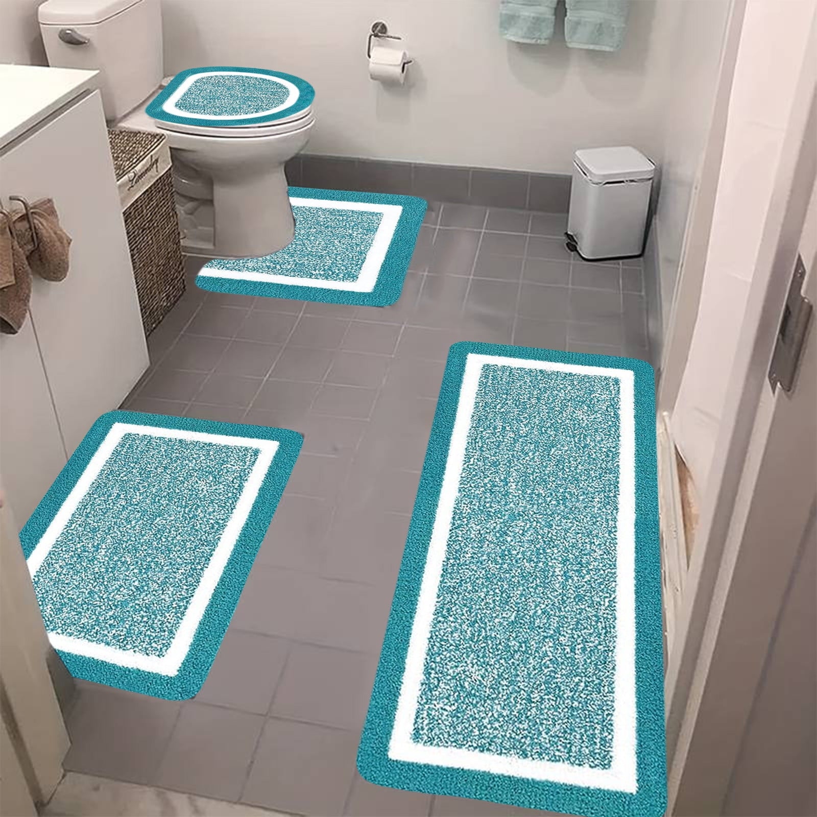 PALIFEUR Bathroom Rugs Sets, Non-Slip Bath Mat Set 4 Piece, Soft Comfortable Washable Bathroom Mat Set, Quicker Dry Bathroom Rug with Toilet Rug Blue