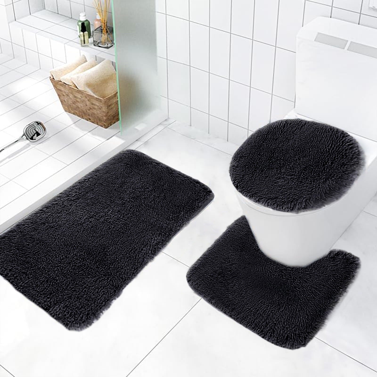 PALIFEUR Bathroom Rugs Sets, Non-Slip Bath Mat Set 3 Piece, Soft Comfortable Washable Bathroom Mat Set, Quicker Dry Bathroom Rug with Toilet Rug Black