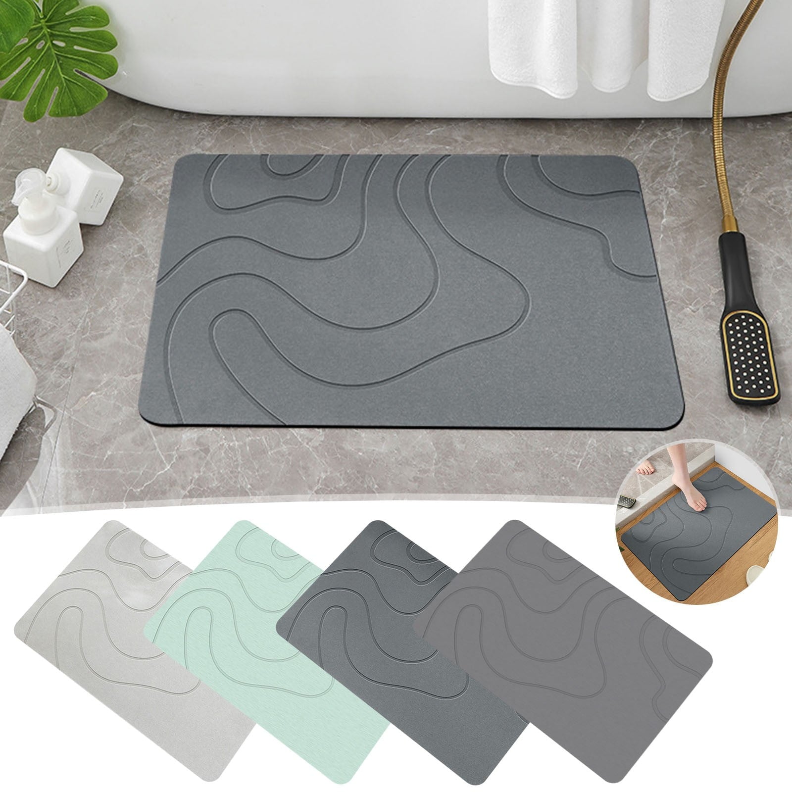 PALIFEUR Stone Bath Mat, 16x24" Quick Drying Diatomaceous Earth Bath Mat Super Absorbent Non Slip Stone Bath Mats Washable Rug for Bathroom Floor Kitchen Shower Dark Gray
