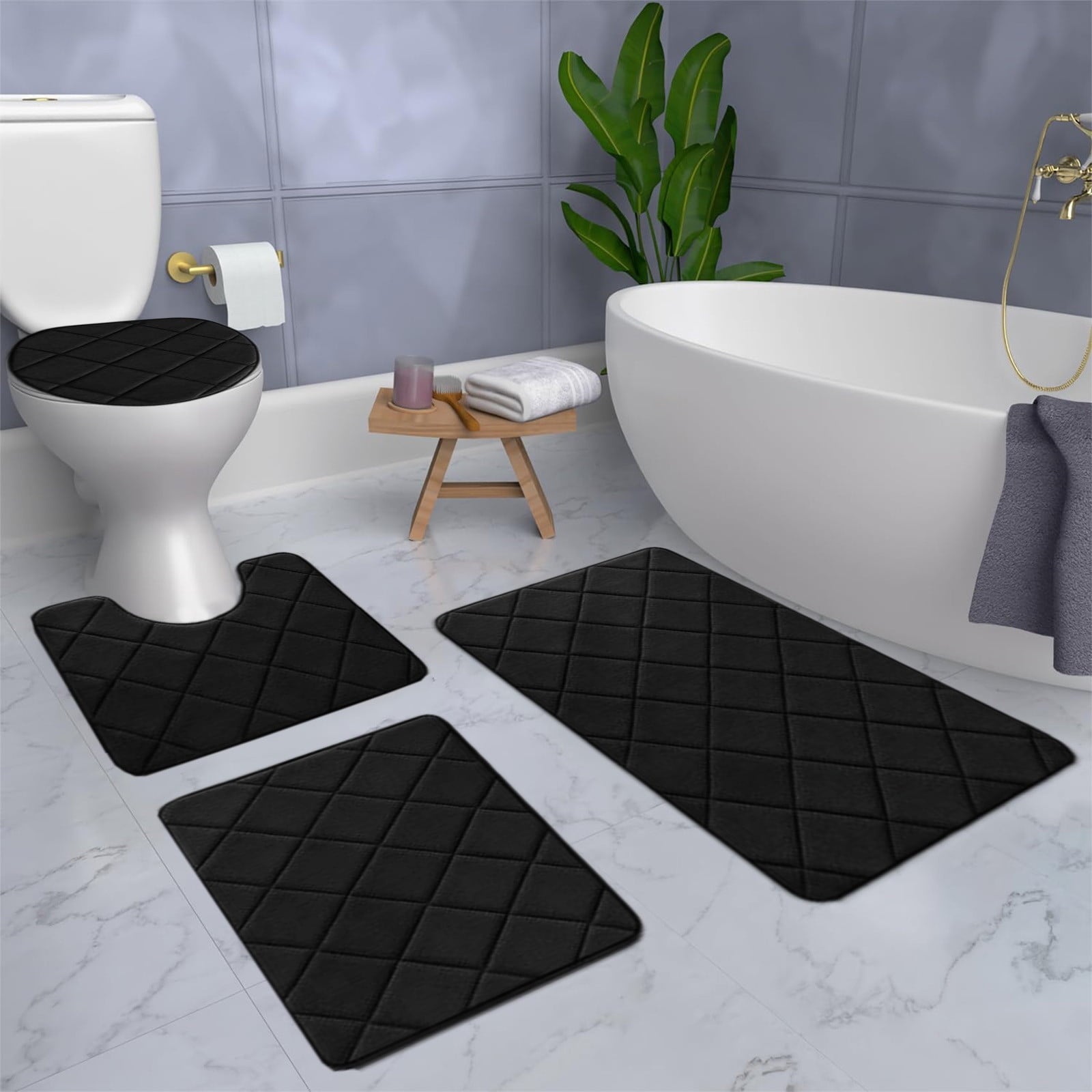 Clearance Tyidzon Bathroom Rugs 4 Piece Ultra Soft & Non-Slip Memory Foam Bath Mats for Bathroom, Absorbent Quick-Drying Bath Mats for Shower Bathroom Floor Rugs Black