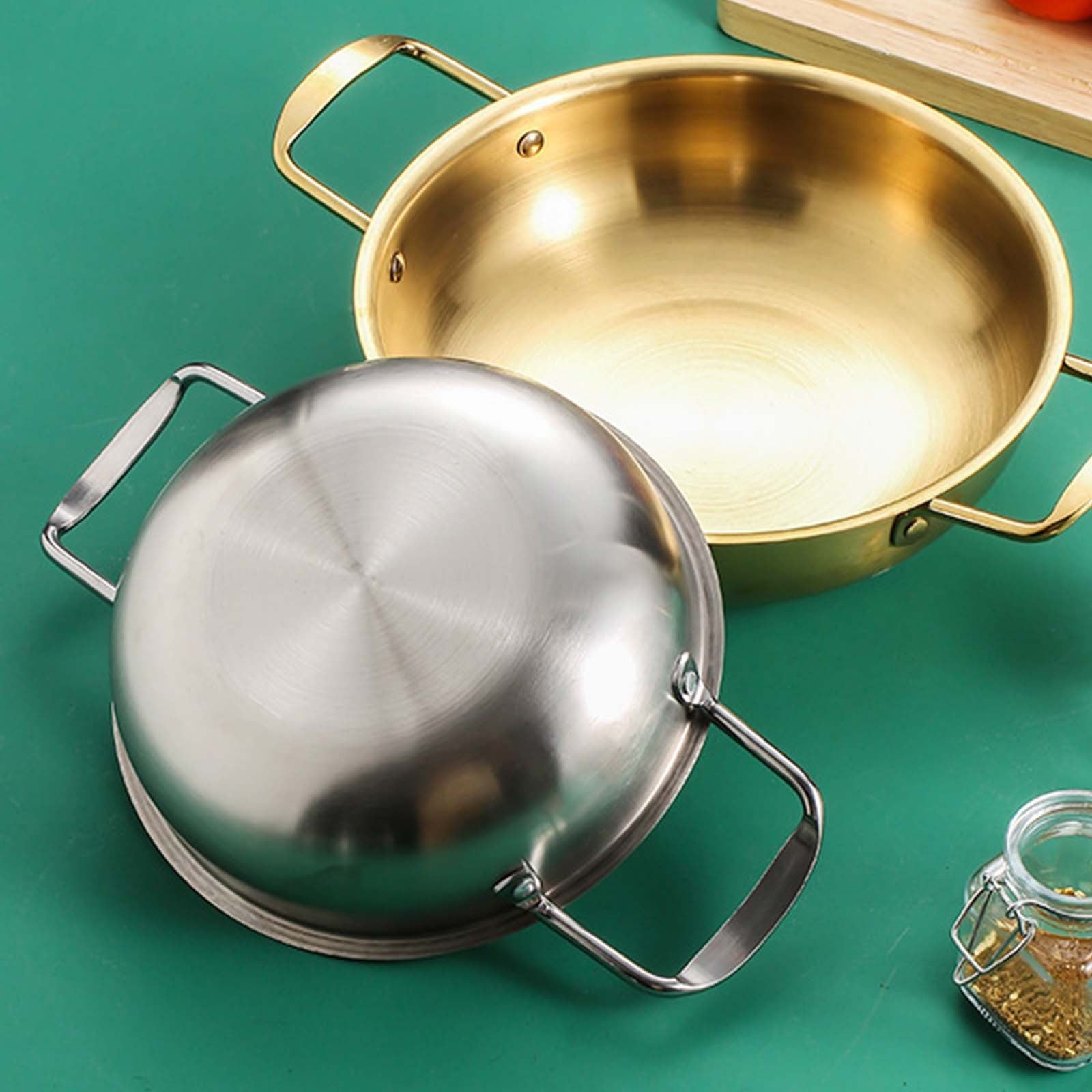 Stainless Steel Instant Noodle Pot , 7.1" Korean Ramen Noodle Pot with Handles Stainless Everyday Pan Golden Korean Cooking Pot for Soup Noodle Pasta Home and Outdoor Dishwasher SLA