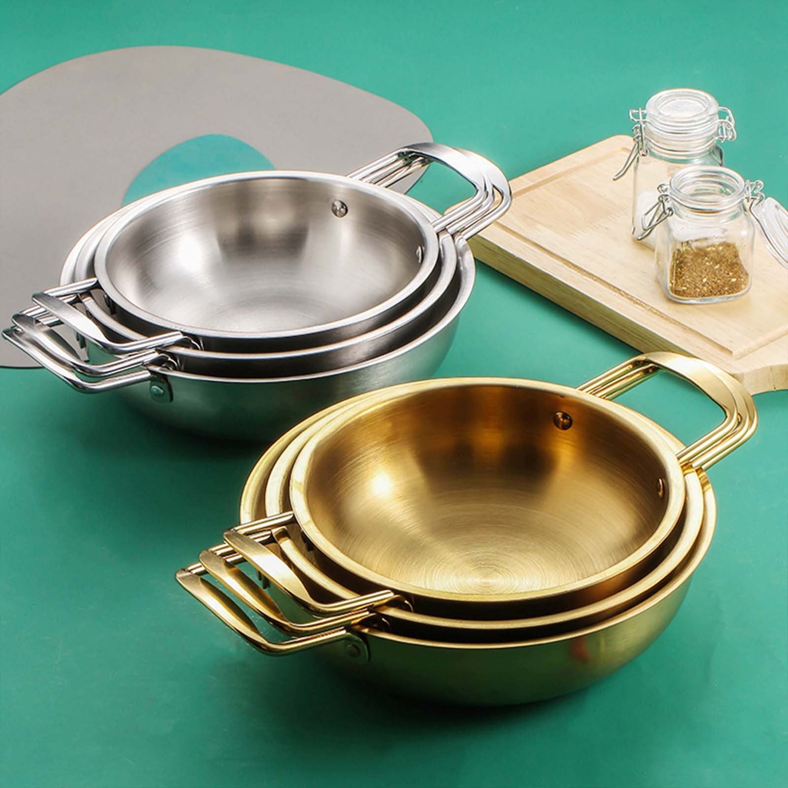 Stainless Steel Instant Noodle Pot , 7.1" Korean Ramen Noodle Pot with Handles Stainless Everyday Pan Golden Korean Cooking Pot for Soup Noodle Pasta Home and Outdoor Dishwasher SLA