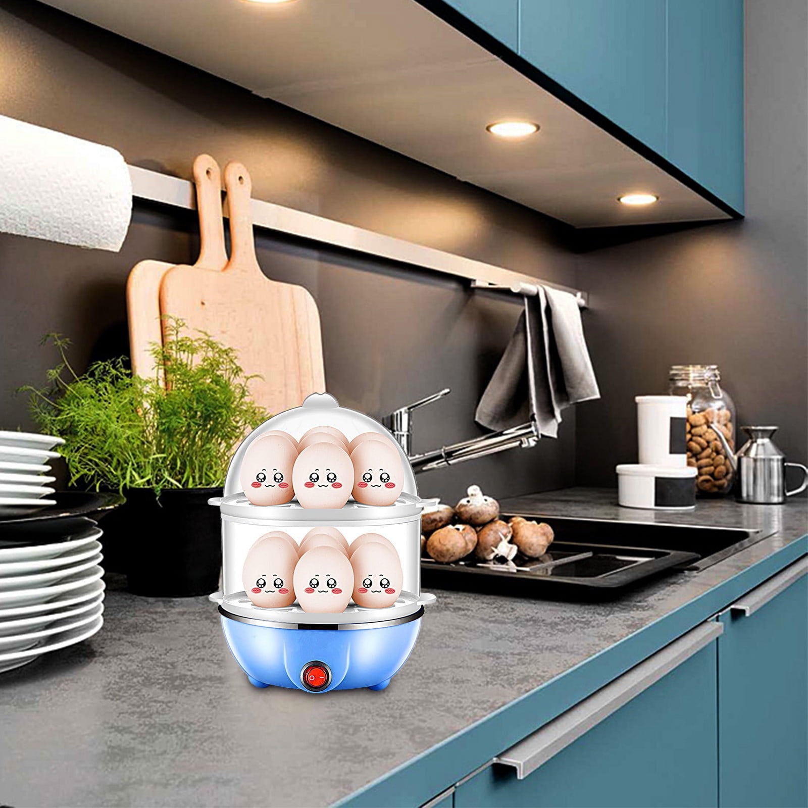 Egg Steamer ! Eggs Cooker Double Breakfast Machine Stainless Steel Multi Function Steamer, Cooking Molds Promotion Include 1*Egg Steamer Blue