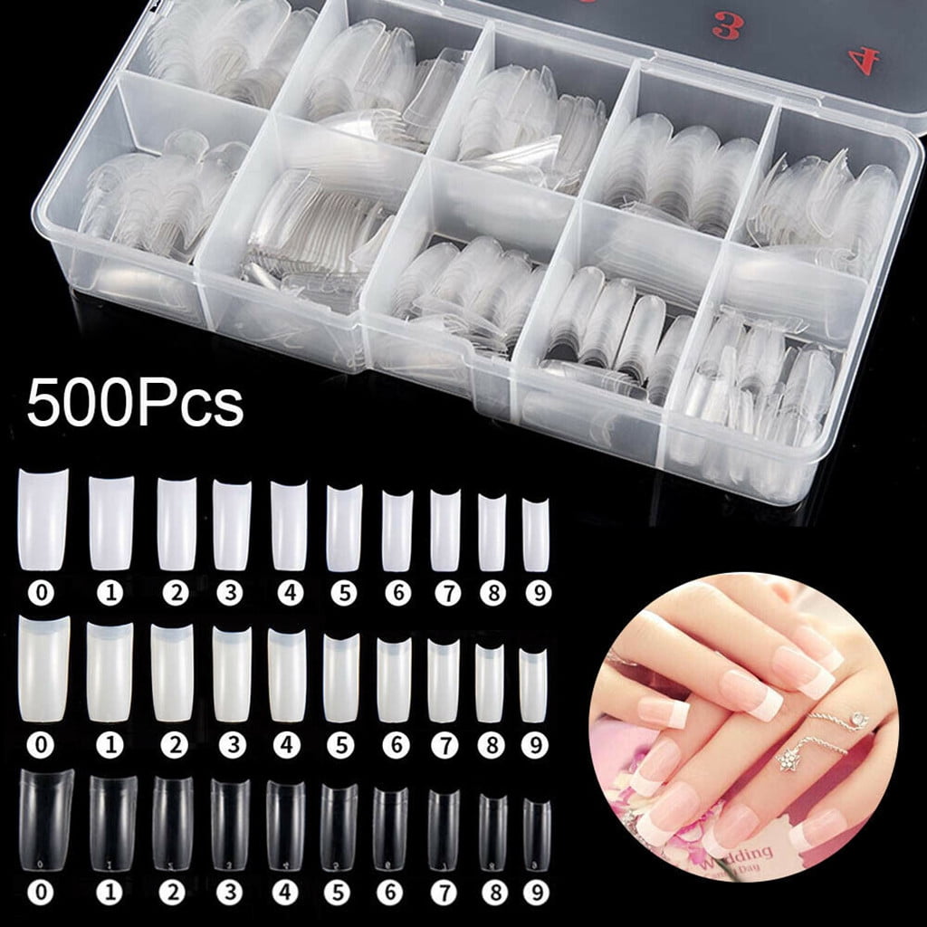 500PCS Acrylic Nail Tips,French Style Artificial False Nails for Manicure,DIY Nail Art with Storage Box,10 Sizes,Natural & Clear,Perfect Gift for Nail & Home Use White