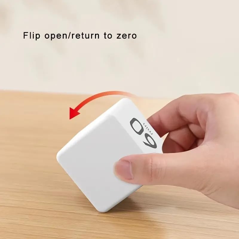 Flip Cube kitchen timer/countdown reminder with a gravity sensor, suitable for kitchens, bedrooms, offices, living rooms, and desks. It facilitates time management and offers timer options of 15, 20, 30, and 60 minutes.