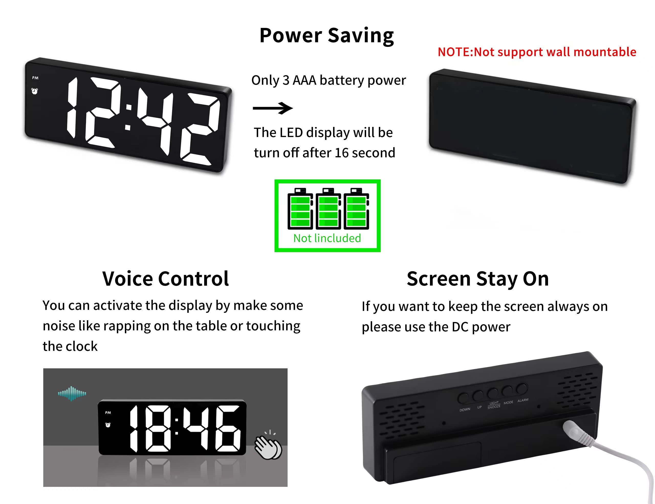 Alarm Clock for Children - Digital Alarm Clock - Time Memory - Voice Control - Adjustable Brightness - LED Mirror Display - with Type-C Interface - 12/24 Hour Display - Perfect for Deep Sleepers - Black