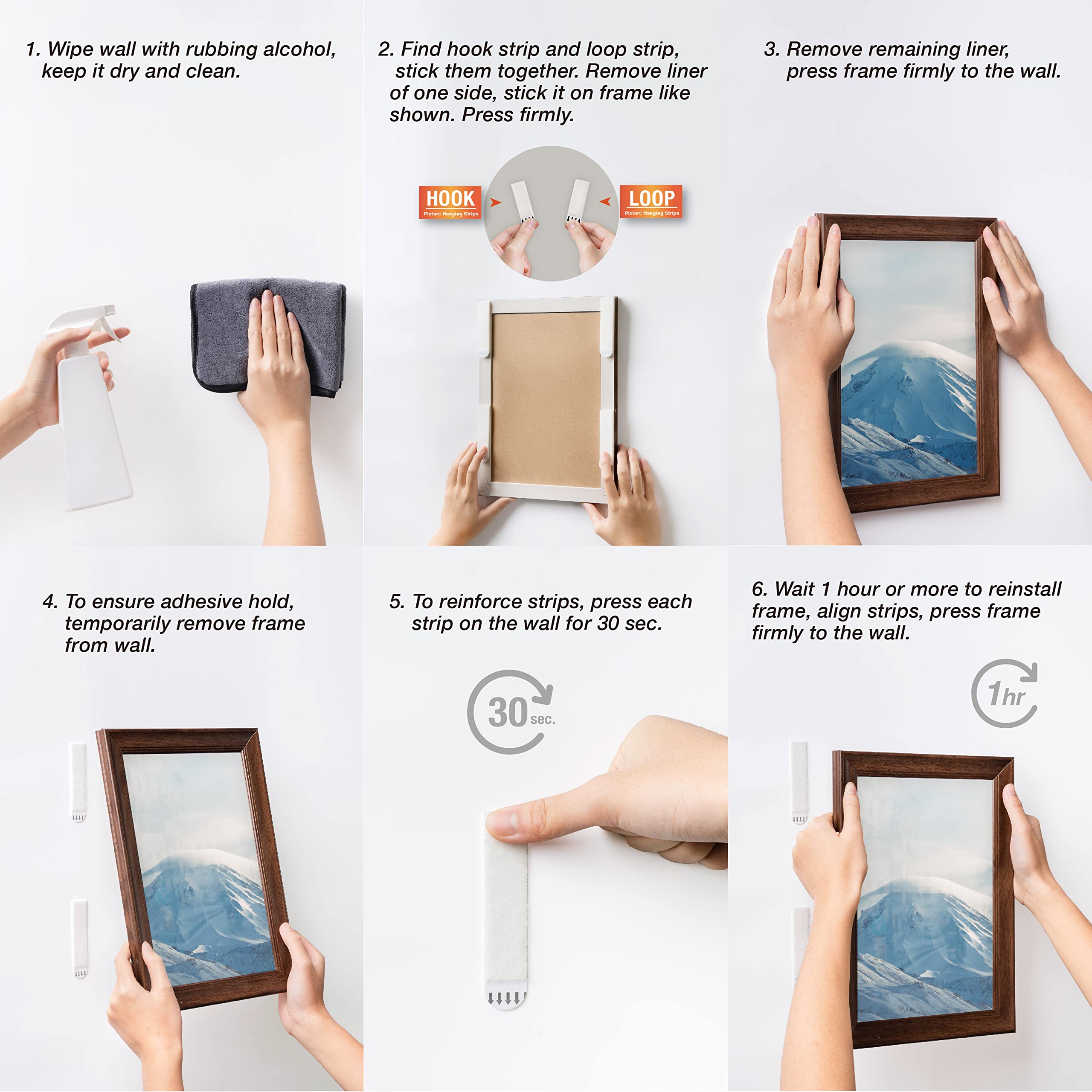 Picture Hanging Strips - No Drilling - Self-Adhesive Velcro - Hanging Picture Frames - Double-Sided Tape - Damage-Free Removal - Poster Strips - Hanging System - Wall Decoration - Strong Adhesive - White - 24 Pairs (48 Strips)