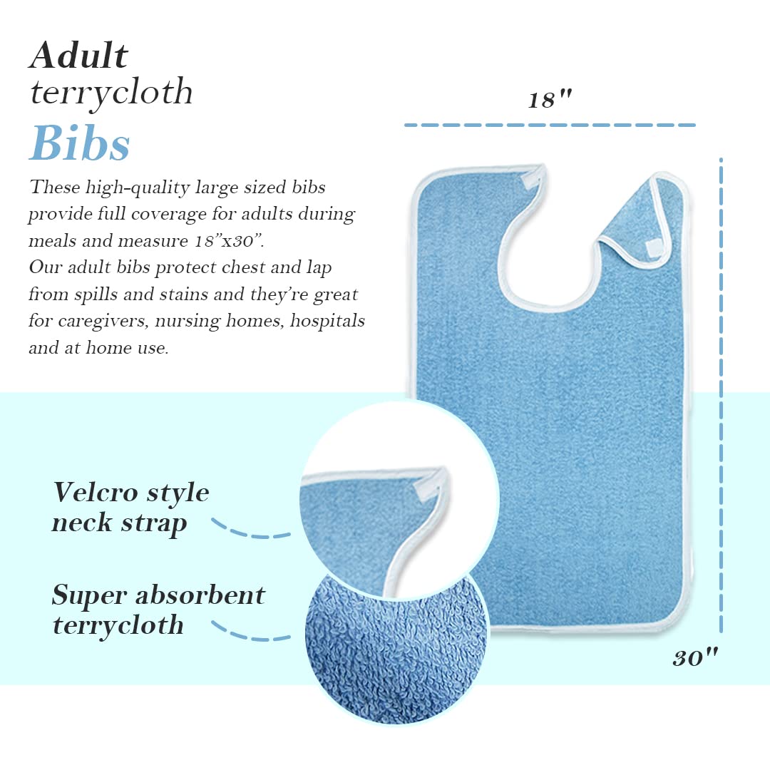 Adult Bib - Clothing Protector - Senior Eating Apron - Large Bib - Terrycloth Eating Bib - Washable Clothing Protector - Eating and Drinking Aids - Waterproof Lining - Neck Closure - Reusable - Blue - Pack of 2