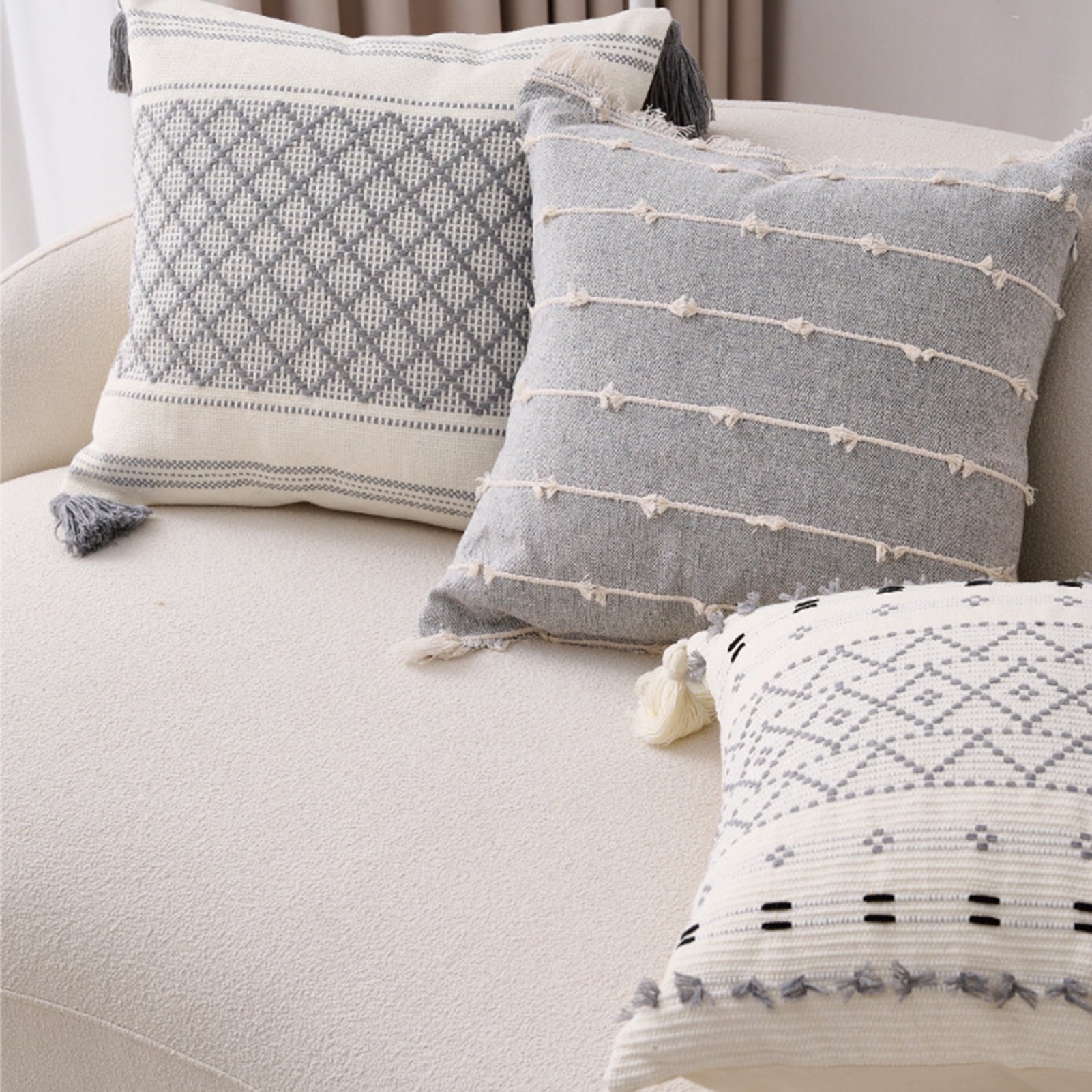 Walbest Boho Throw Pillow with Braided Rope Pattern And Tassels Soft Cotton Linen Textured Cushion for Sofa Bed Office 45x45cm C
