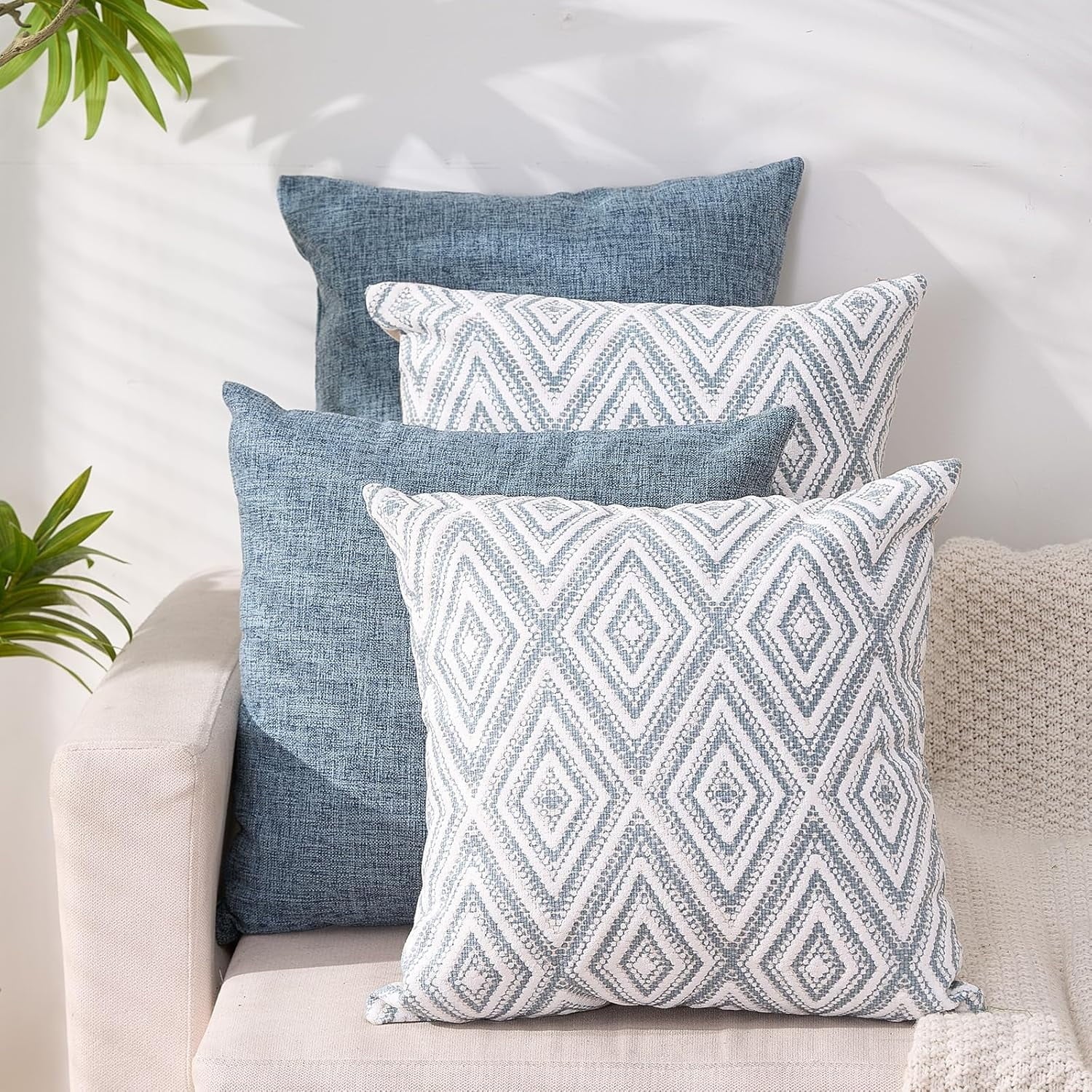 Decorative Set of 4 Square Couch Pillows Linen Cushion Cover for Couch Sofa Living Room, 18"x18" inches, Blue Blue 18x18 Inch Pillow Covers