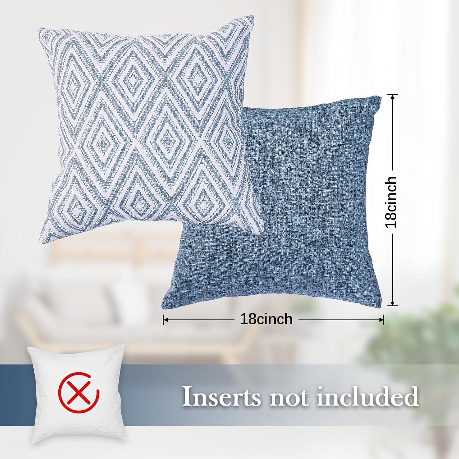 Decorative Set of 4 Square Couch Pillows Linen Cushion Cover for Couch Sofa Living Room, 18"x18" inches, Blue Blue 18x18 Inch Pillow Covers