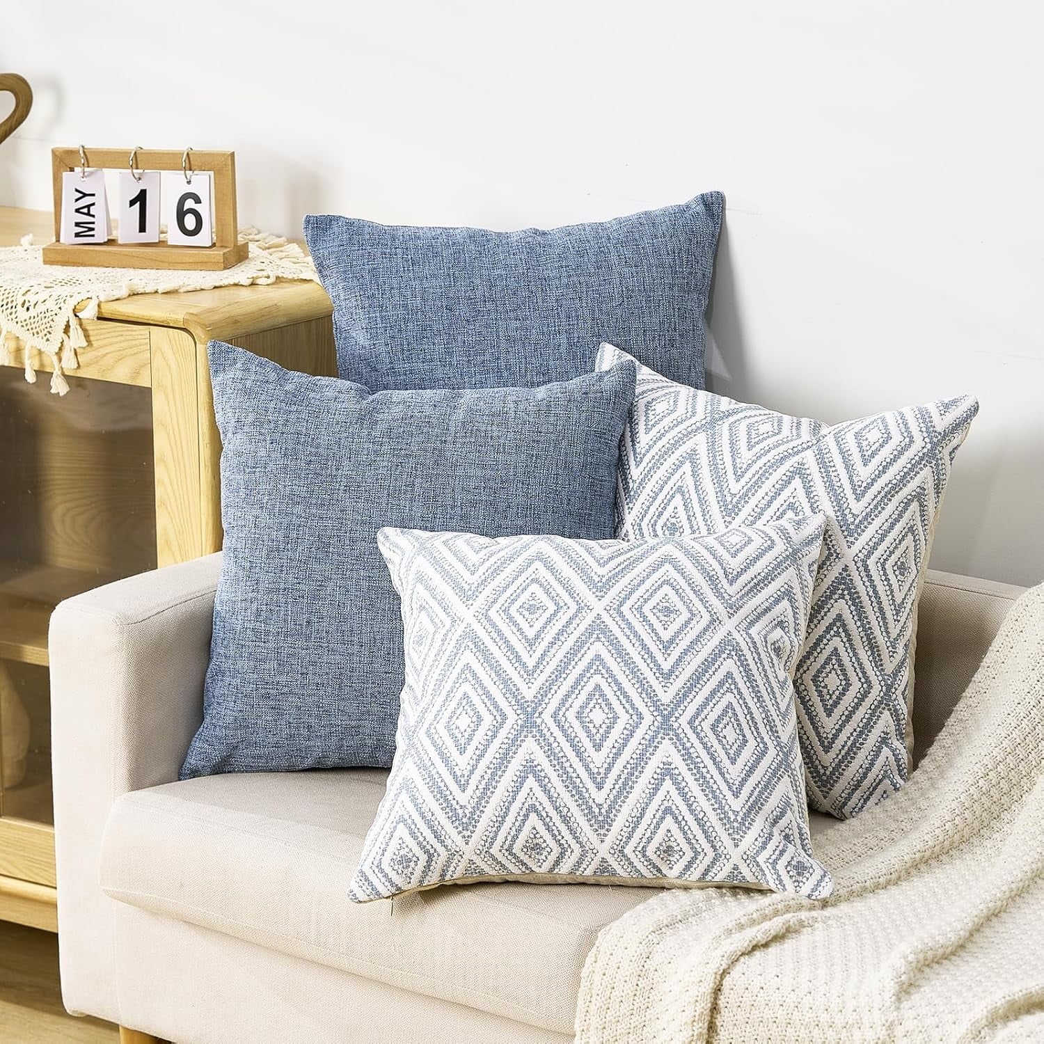 Decorative Set of 4 Square Couch Pillows Linen Cushion Cover for Couch Sofa Living Room, 18"x18" inches, Blue Blue 18x18 Inch Pillow Covers