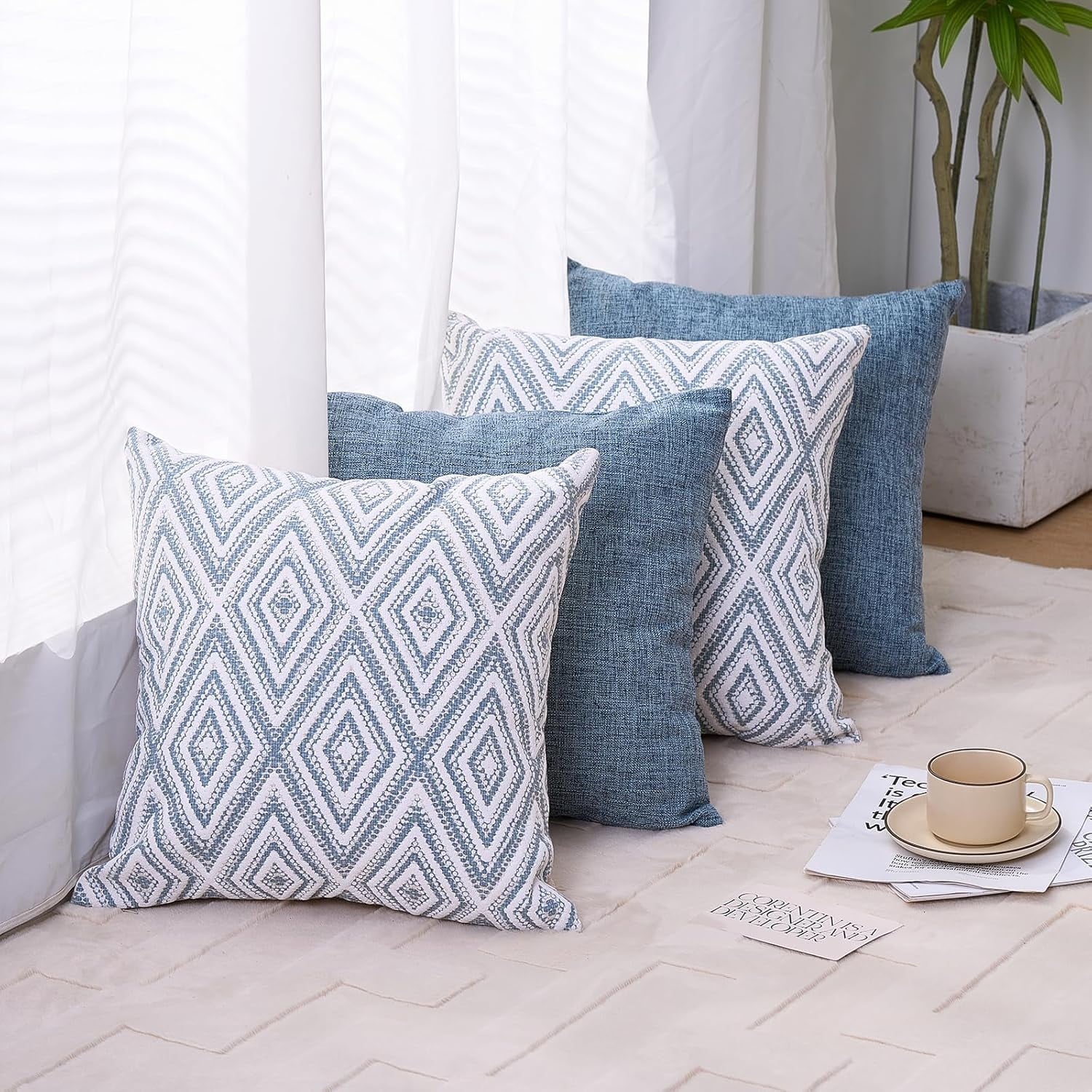 Decorative Set of 4 Square Couch Pillows Linen Cushion Cover for Couch Sofa Living Room, 18"x18" inches, Blue Blue 18x18 Inch Pillow Covers