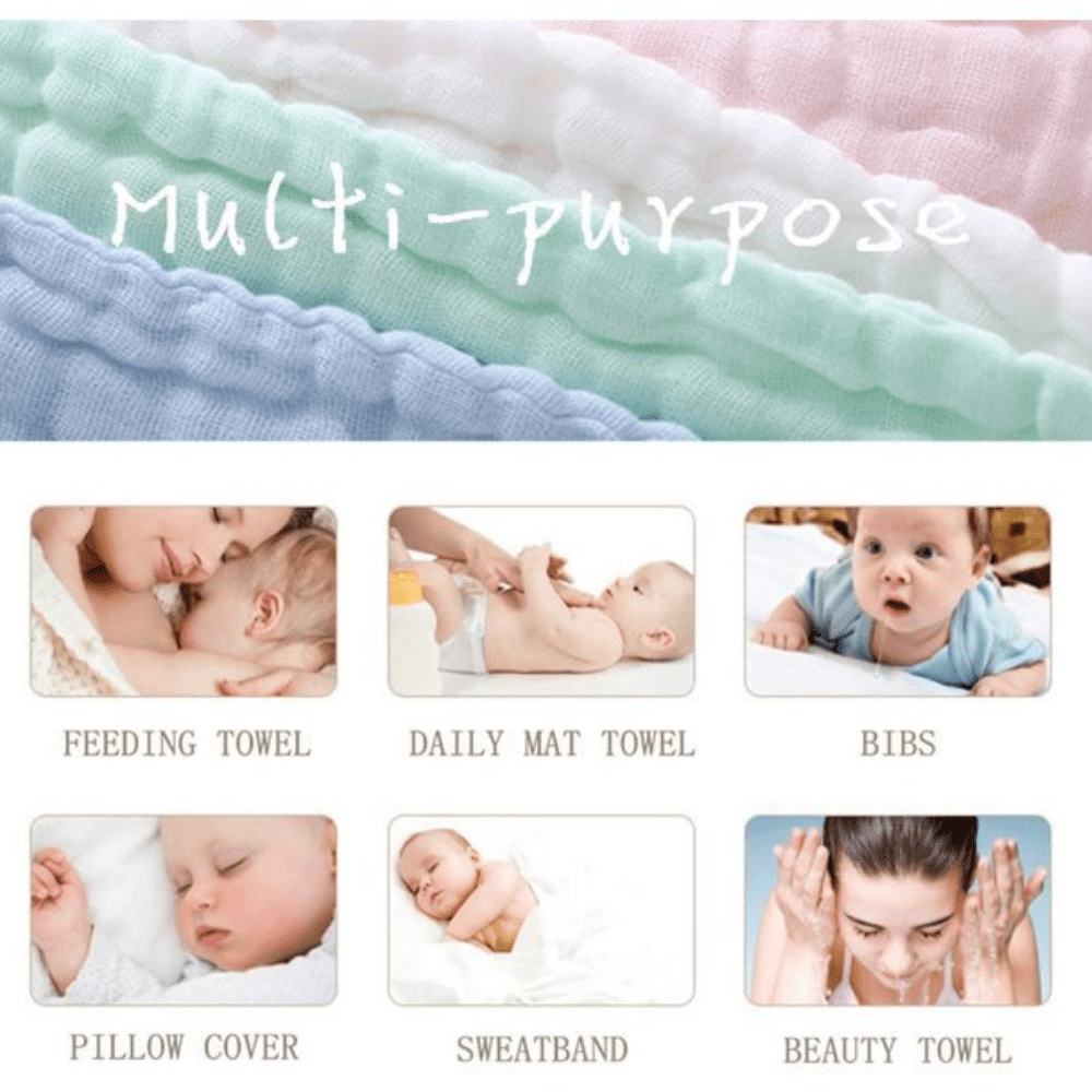 10PCS Muslin Cotton Baby Towel Soft Baby Bath Towel Multicolor Newborn Washcloths and Towels white & pink & blue & green & yellow