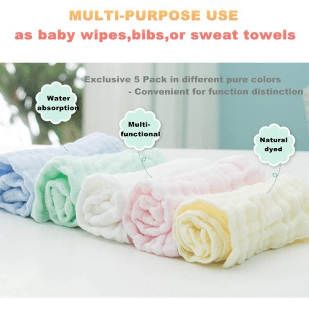 10PCS Muslin Cotton Baby Towel Soft Baby Bath Towel Multicolor Newborn Washcloths and Towels white & pink & blue & green & yellow