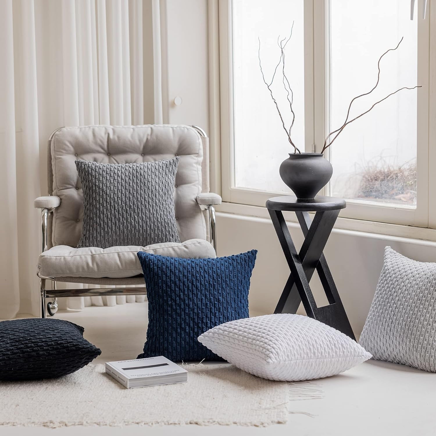Holzlrgus Fall Set of 2 Striped Textured Velvet Corduroy Decorative Europe Sham Seasonal Autumn Throw Pillow Cushion Cover for Couch, (60x60 cm, 24inch), Burnt Brick 18 x 18-Inch Dark Grey
